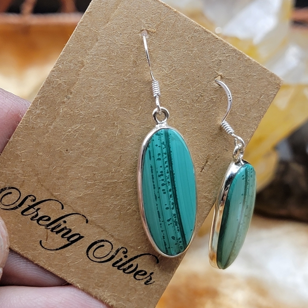 NEW Unique Double Sided Malachite & .925 Sterling Silver Dangle Earrings Boho - Picture 7 of 11